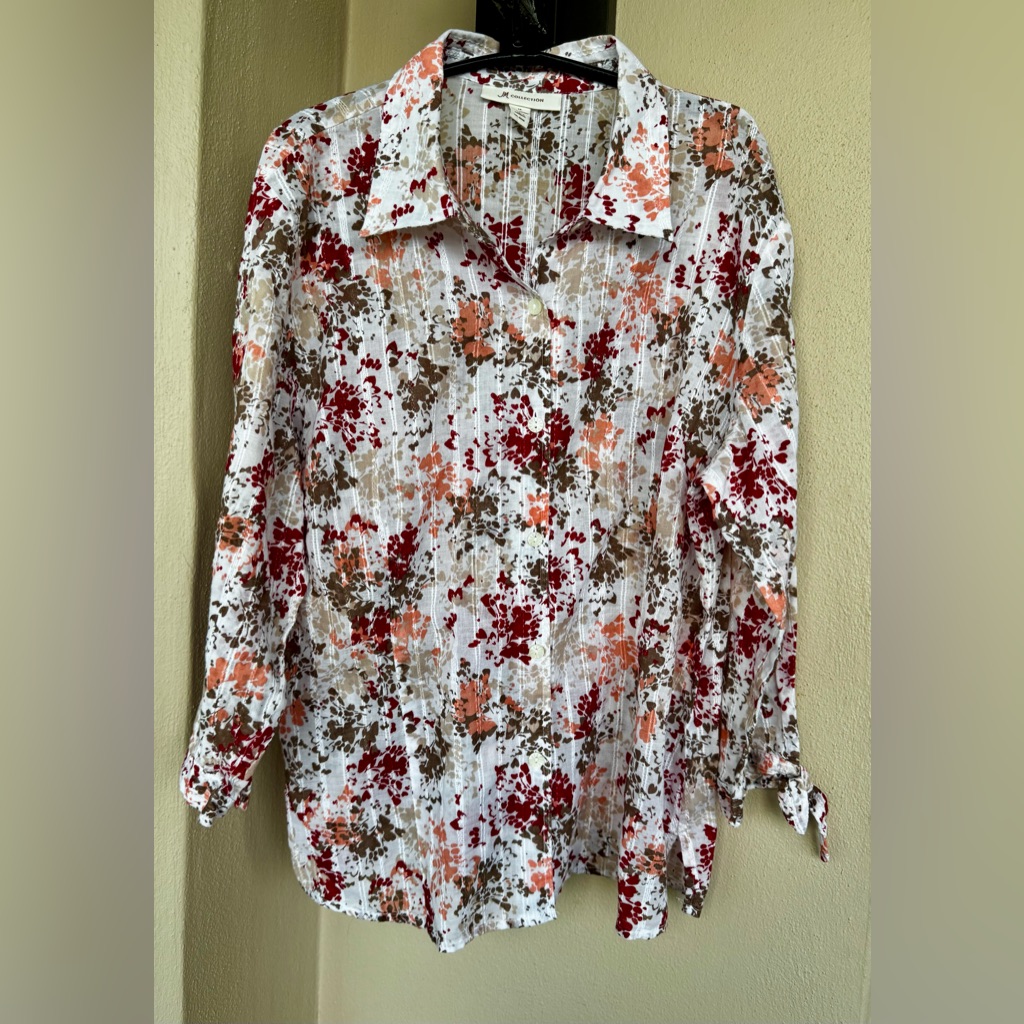 Jm Collection Long Sleeve Button Up Cotton Blouse White/Peach/Brown Floral 12